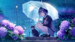 雨中女孩和猫