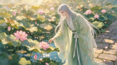 银发古风俊美荷花男子