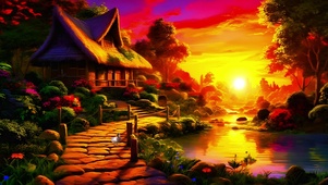 夕阳中的乡村茅草屋