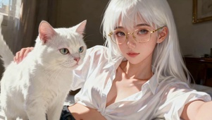 休闲居家雀斑眼镜纯欲少女和白猫