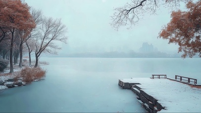 冬日晨雾湖畔码头