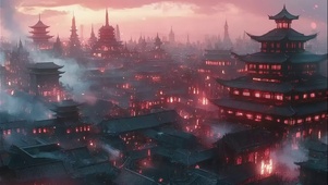 云雾古风之城晚霞风景