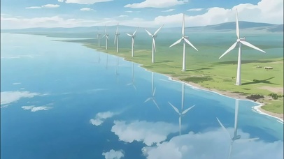 蓝天阳光湖岸风车