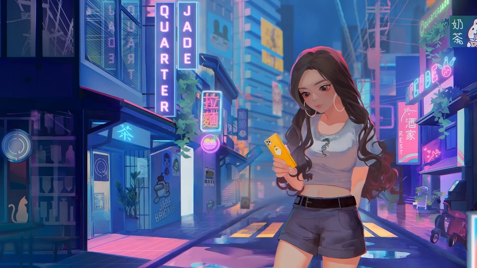 二次元画风，长卷发年轻女性手持黄色手机站在雨夜霓虹美食步行街中，地面泛着粉紫色反光，沿街店铺亮着餐饮相关霓虹招牌，蓝紫色主色调。