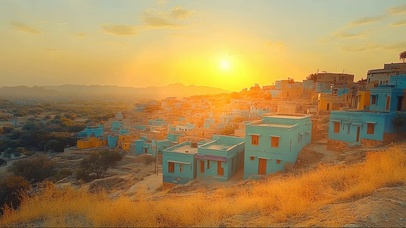 落日山坡蓝色建筑