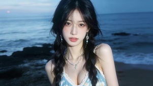 治愈傍晚海边女孩