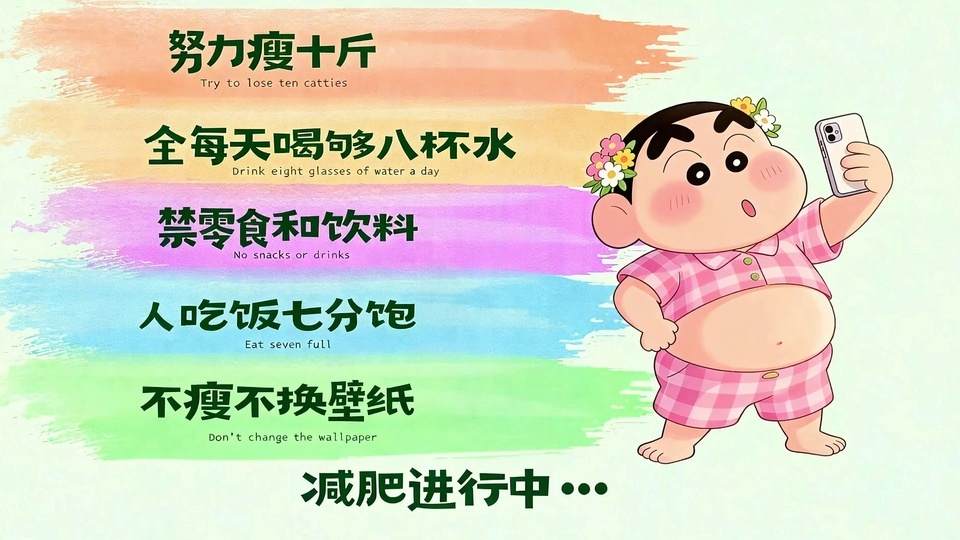 浅薄荷绿简约背景中，身着粉色格纹睡衣、头戴小花发饰的蜡笔小新站在五条横向排列的橙黄紫蓝绿水彩笔触色带前。
