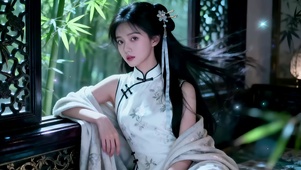 古风典雅宅院窗前旗袍长发美女2