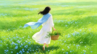 白衣少女漫步青花草地