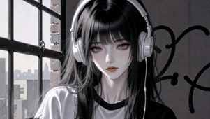窗边戴耳机的二次元美少女