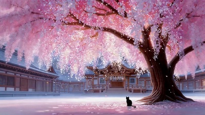 梦幻樱花树下猫咪