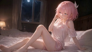 夜晚卧室粉发二次元美少女