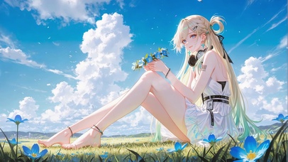 蓝天白云下的白裙少女琳奈