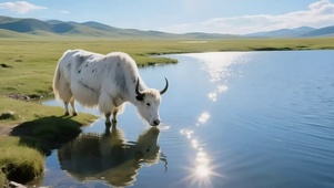 阳光草原湖泊牦牛