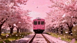 樱花树木下火车双屏