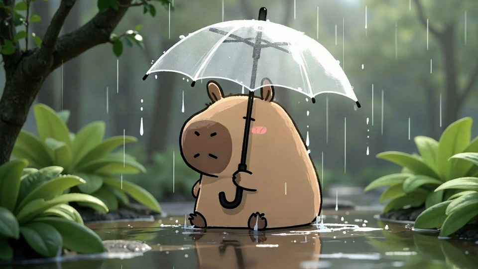 萌系卡通插画中，浅棕带粉晕的水豚坐在林间积水水面上撑着透明雨伞，四周分布宽叶绿植，背景是模糊的雨中林木。