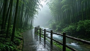 雾竹清溪雨径