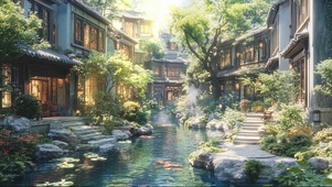 夏日清新宁静河岸小镇