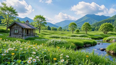 清新治愈山野溪流木屋风景