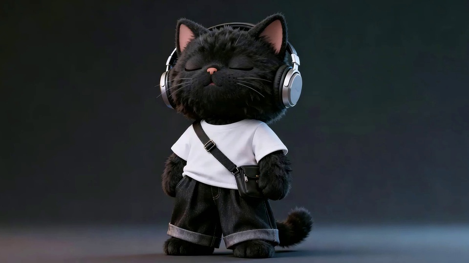 3D Q版拟人黑猫佩戴银黑耳机，穿白T恤黑牛仔裤斜挎黑包，立于浅灰地面，背景为深灰渐变。