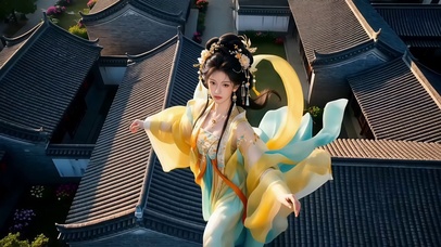 古宅小院中飞升的修仙美女