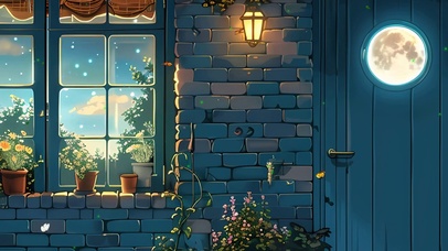 夜景星空树木房屋绿景带鱼屏