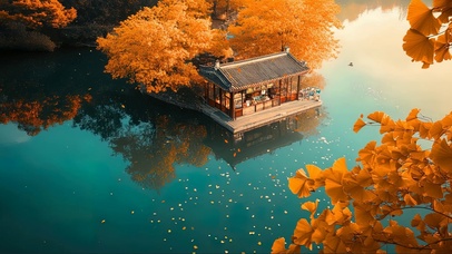 秋日静谧湖心古朴商店