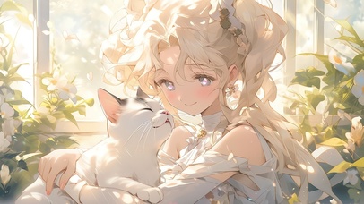 4K 白发少女与猫