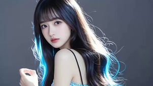 蓝色光晕中长发美女