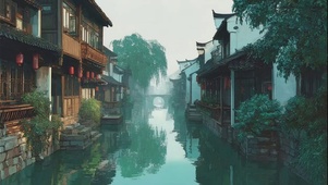 朦胧夏日傍晚水乡古城