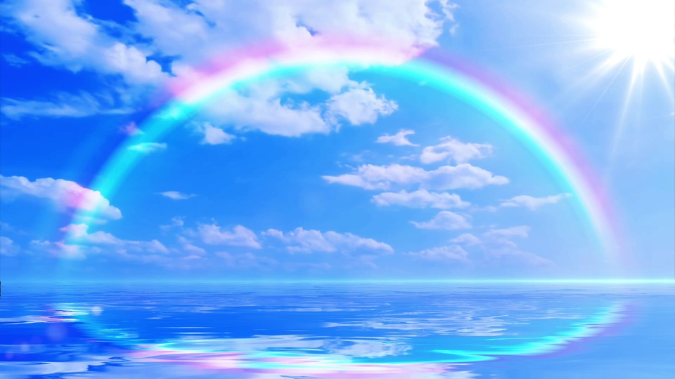 3D风格海天场景，弧形彩虹横跨亮蓝色天空，海面映出彩虹倒影，右上角有带放射星芒的太阳，天空散布白色积云。