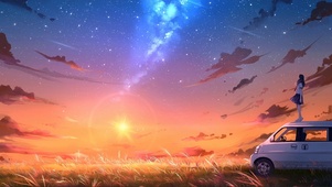 夏日晚霞 旅行的少女