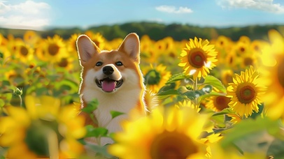 向日葵中的开心小狗