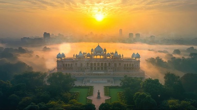 日出迷雾森林宫殿