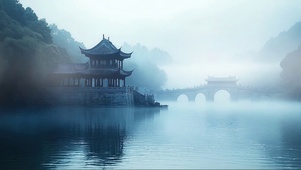朦胧幽静清晨湖心古亭