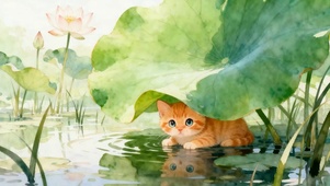 荷叶下猫咪
