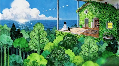 空中绿植房观海的少女