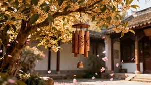 秋日庭院阳光桂花树风铃治愈氛围