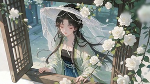 栀子花窗帷帽古风少女