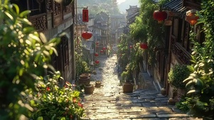 古朴小镇乡村夏日街道