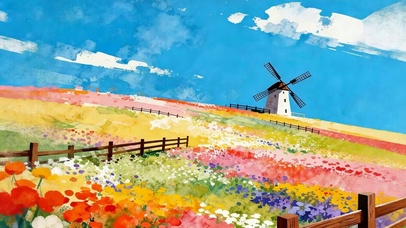 油画白云树木风景