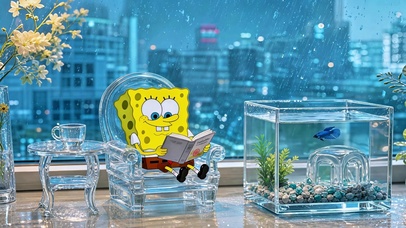 雨天看书的海绵宝宝