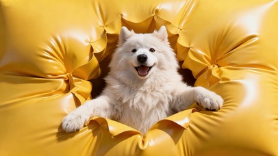 充气床垫上天真无邪的萌宠萨摩耶