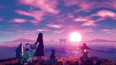 4K唯美治愈看日出的动漫少女猫