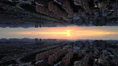 4K傍晚城市夕阳倒影