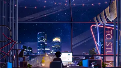 夜晚学习的男孩