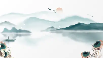 中国画山水风大雁日出