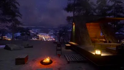 郊外山顶木屋雪天篝火露营