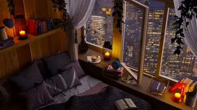 都市夜晚雨天卧室