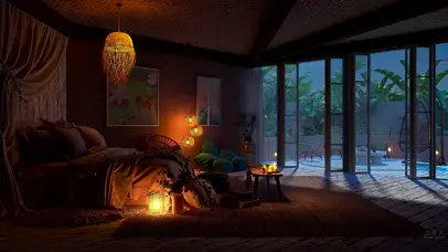 雨夜别墅卧室氛围